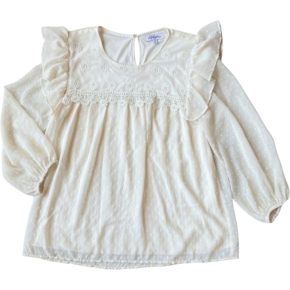 Polagram Cream‎ Swiss Dot Ruffle Blouse Floral Embroidery Crochet Lace Top Med